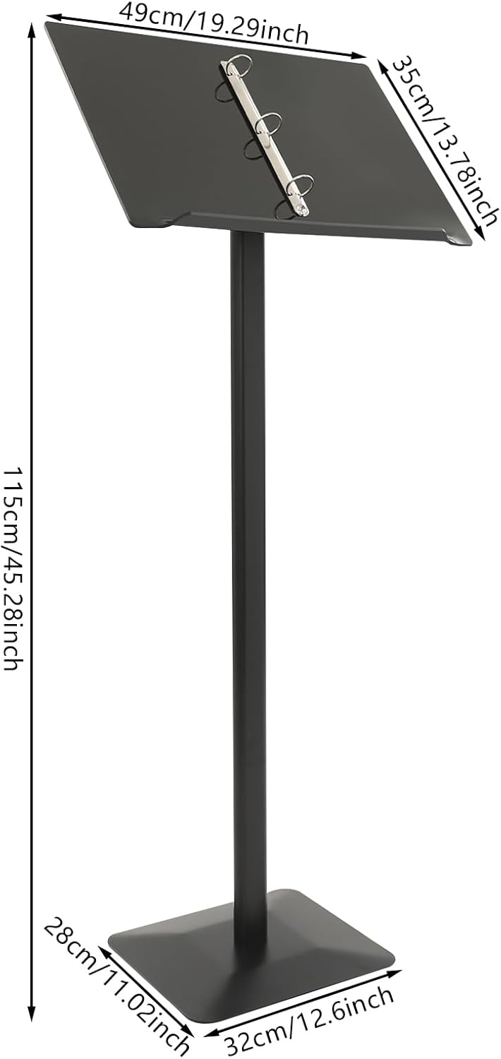 Podium Stand Acrylic Church Lectern Presentation Stand Floor Standing Conference Speech Speak Pulpit for School Office, 46.5in Height, Iron Base and 30-90° Panel (Black)