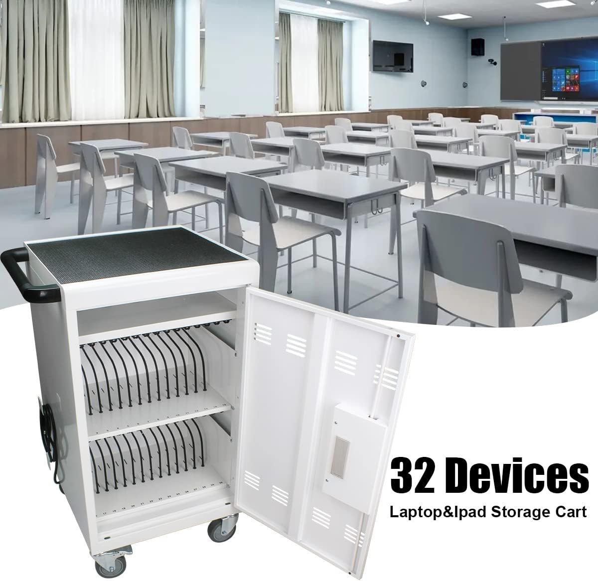 30-Device Mobile Charging Cart with Power Strip, Locks, Cable Management, Up to 16.3" Safe Charging Cabinet for Chromebooks, Tablets, Laptops. White with Code Lock