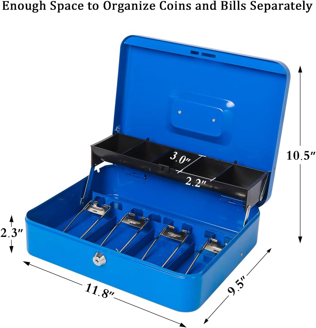 Jssmst Large Locking Cash Box with Money Tray, Lock Box with Security Cable Metal Money Box with Key Lock, Blue