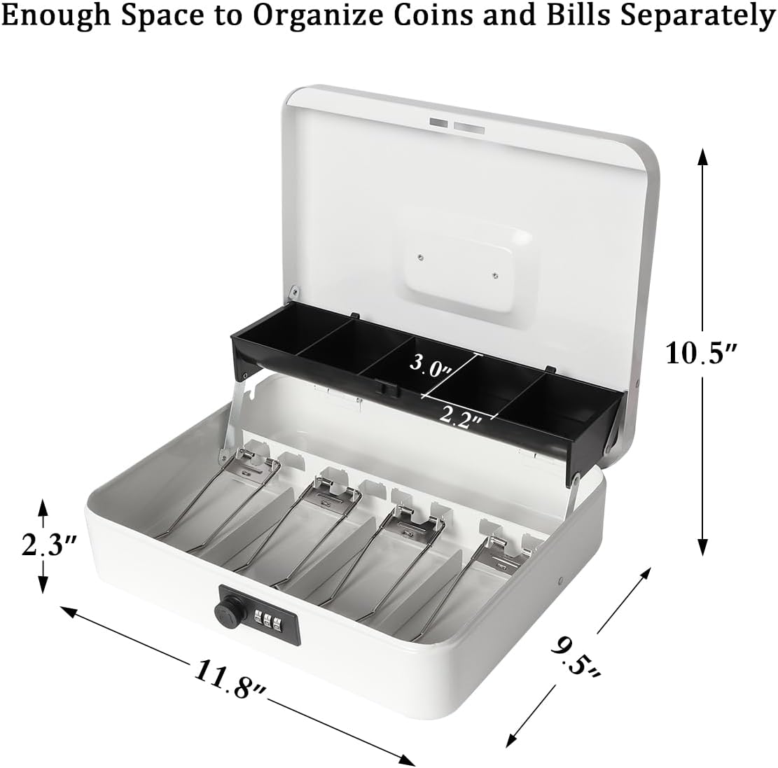 Jssmst Large Locking Cash Box with Money Tray, Metal Money Box with Combination Lock, White
