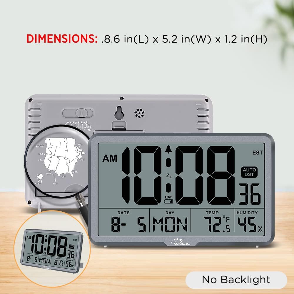 WallarGe Auto Set Digital Wall Clock Battery Operated, Desk Clocks with Temperature, Humidity and Date, Large Display Digital Calendar Alarm Clock for Elderly, Bedroom, Office, 8 Time Zone, Auto DST.