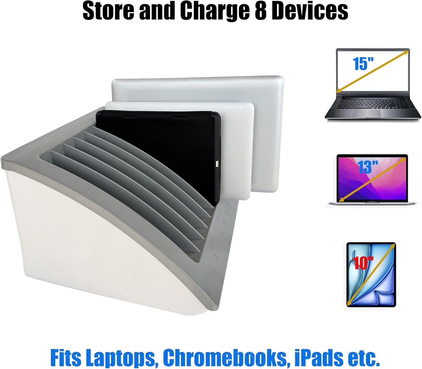 8-Device Laptop & Tablet Charging Station – Classroom & Office Organizer with Circuit Breaker & Cable Management – Fits Laptops, Chromebooks & Tablets Up to 15.6'' & 1.375'' Thick