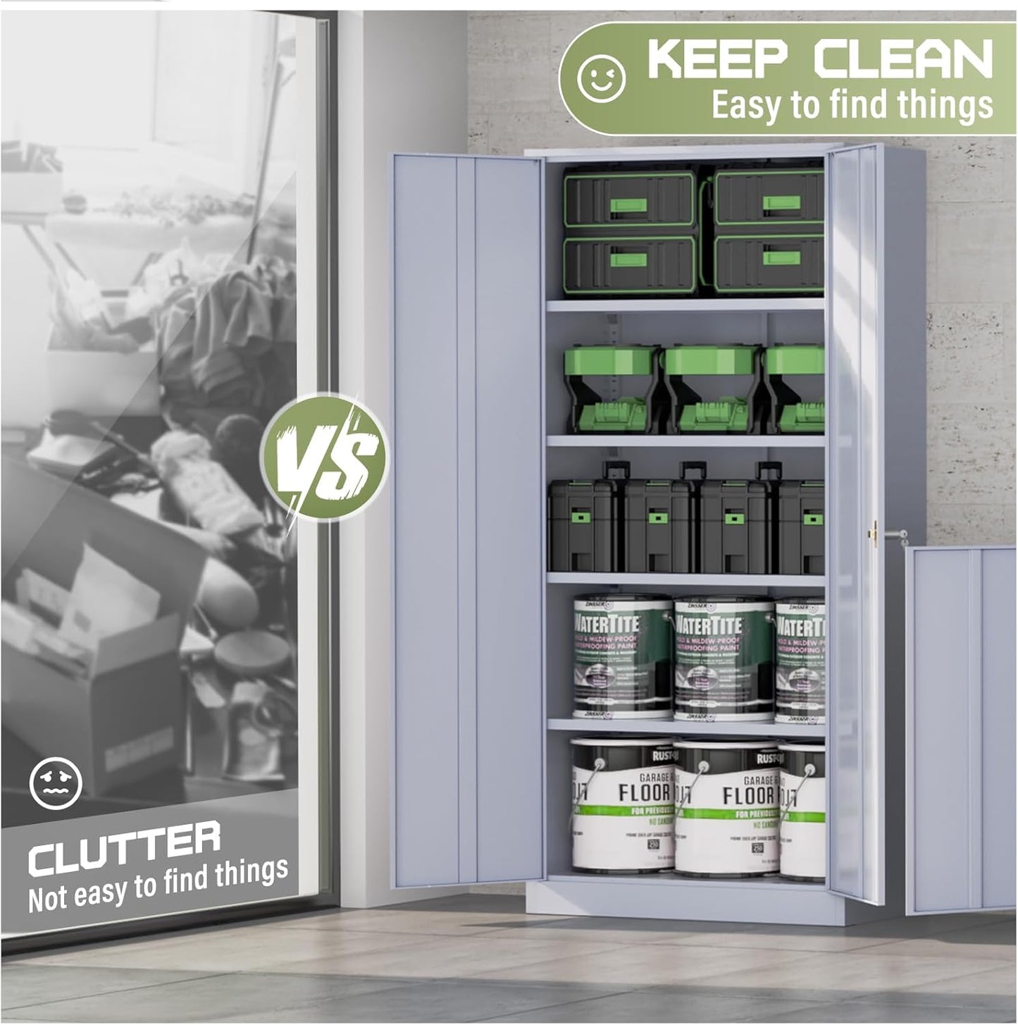 SUNCROWN 72" Metal Storage Cabinet - Heavy-Duty Metal Garage Cabinet with 4 Adjustable Shelves & 2 Doors for Tools, Office, Home, Workshop,Cement Grey