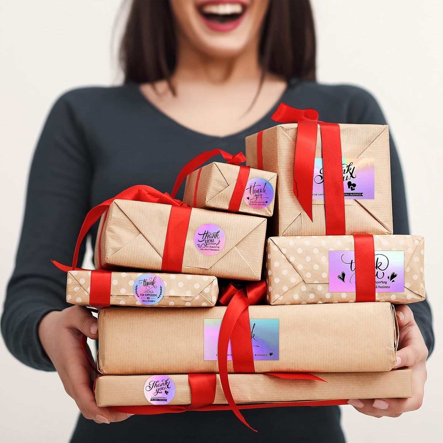 1120 Pcs Thank You Cards and Stickers Set, Include 120 Business Card 1000 Roll Labels Thank You for Supporting My Small Business Stickers Package Insert(Holographic Style)