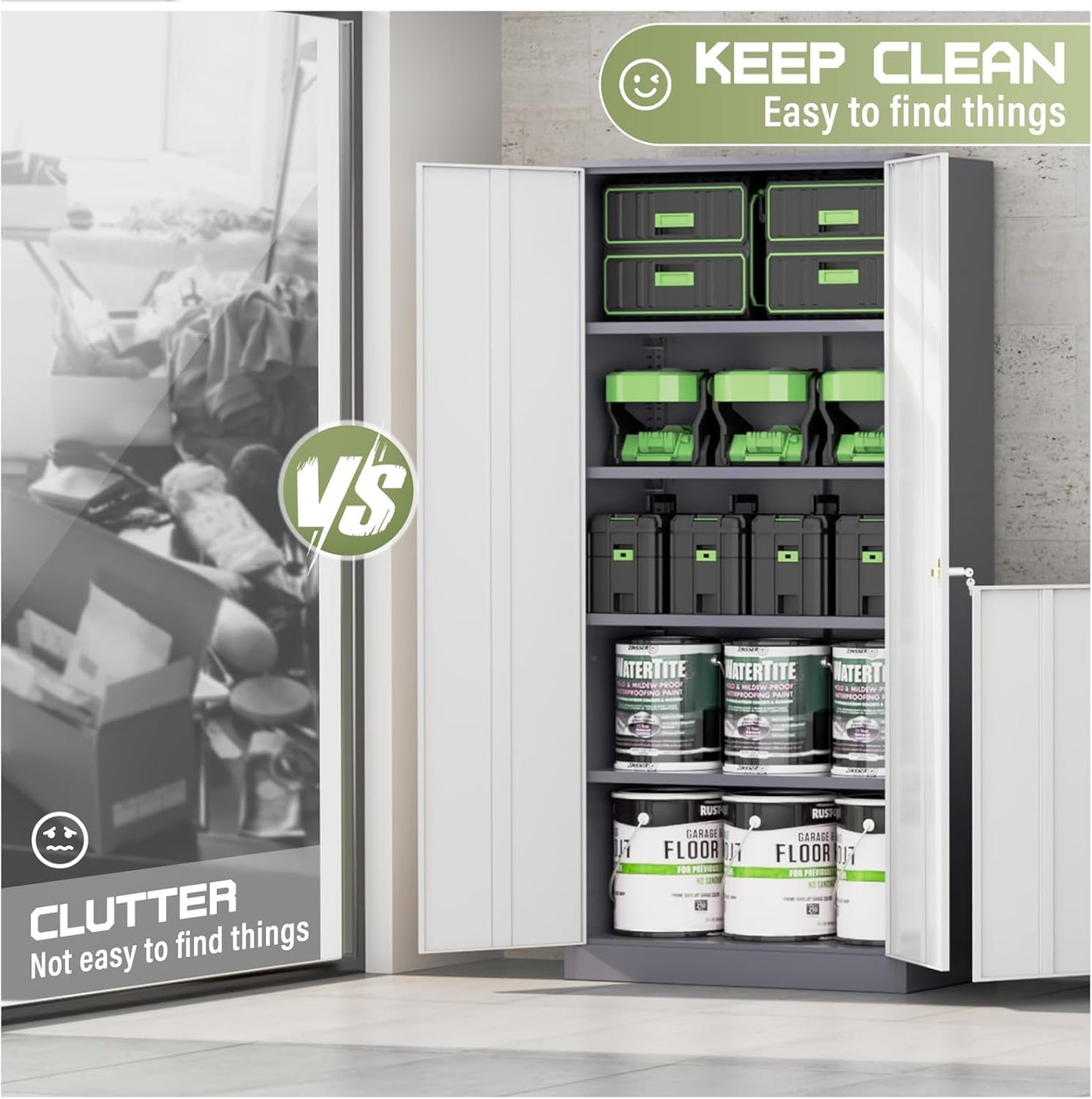 SUNCROWN 72" Metal Storage Cabinet - Heavy-Duty Metal Garage Cabinet with 4 Adjustable Shelves & 2 Doors for Tools, Office, Home, Workshop,Grey & White-Small