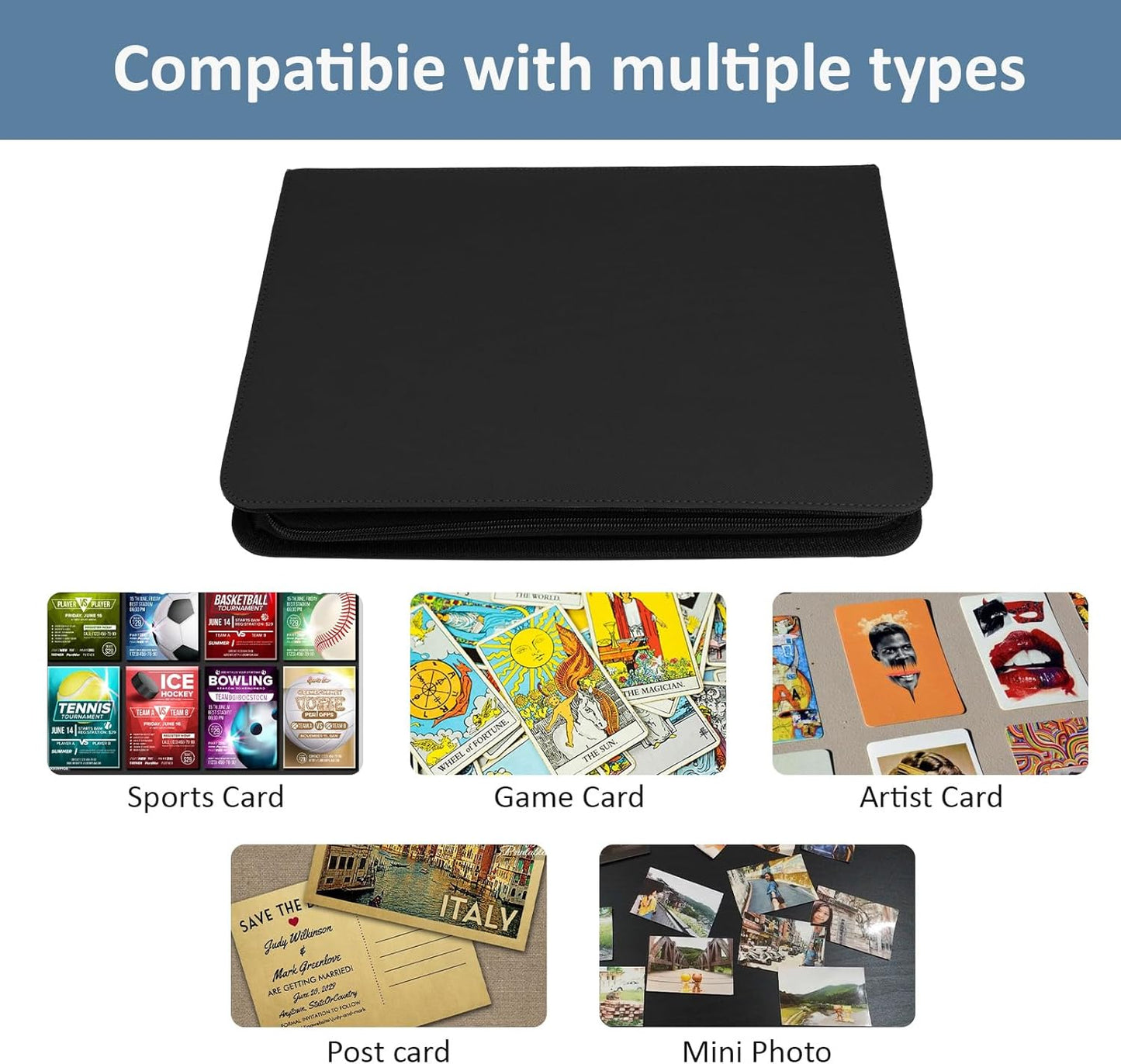 Trading Card Binder 9 Pocket with Zipper, Fvxldcz PU Cover Card Collection Binder 540 Cards Sleek Side-Loading Card Album, Sturdy Card Collection Folder for TCG, MTG, Yugioh, Sport Cards