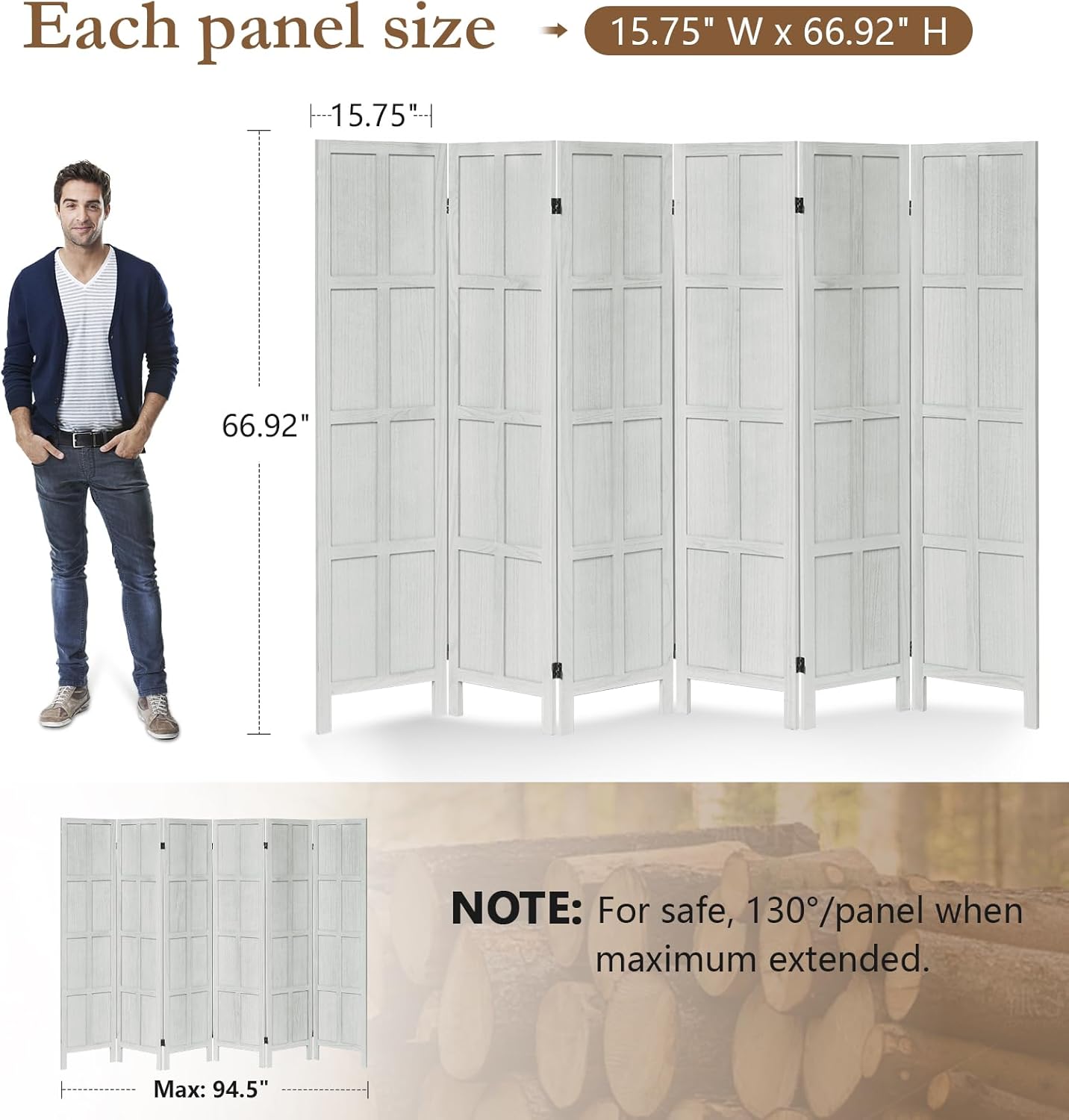 6 Panel Room Divider, 5.6Ft Wood Room Dividers and Folding Privacy Screens, Room Divider Wall Freestanding Room Partitions, Room Dividers Screen for Home Office Restaurant Bedroom, White