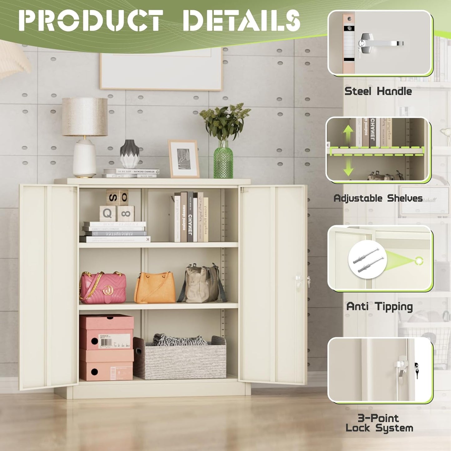 SUNCROWN Metal Storage Cabinets, 36”Locking Cabinet with Doors and Adjustable Shelves, Steel Utility Tool Garage Cabinets for Home, Office, Kitchen, Warehouse,Warm Grey