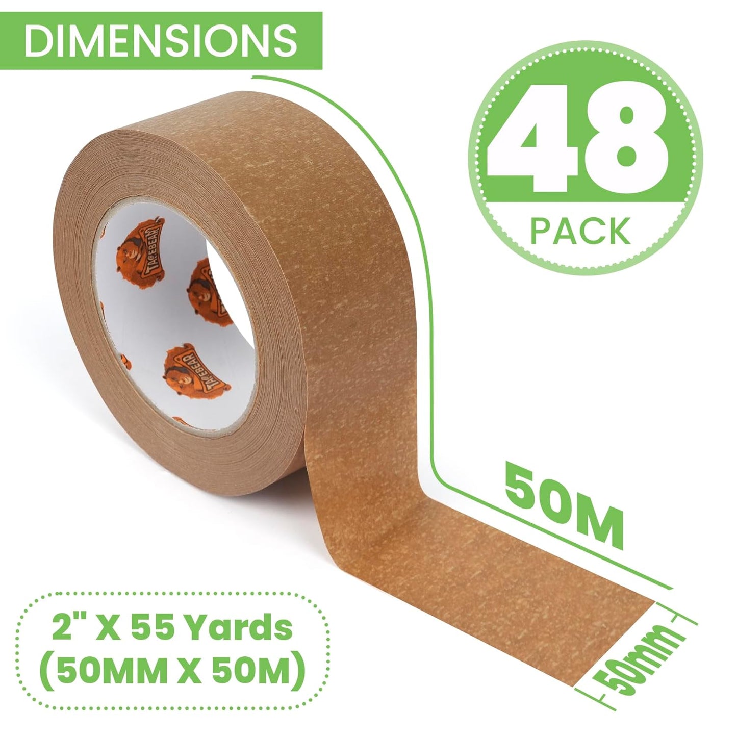 Eco-Friendly Kraft Paper Tape, Biodegradable Heavy Duty Packing Tape 2Inch x 55Yard, Recyclable Packaging Tape Self Adhesive Box Tape for Shipping, Sealing, Moving & Masking, 48Rolls