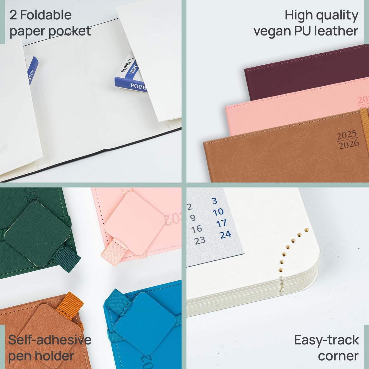 POPRUN Academic Planner 2025-2026, 8.5'' x 11.25'', Quarter-Hourly Appointment Book (July 2025-June 2026) with PU Leather Soft Cover, Dual Pockets, Monthly Tabs, 100GSM Thick Paper - Soft Pink