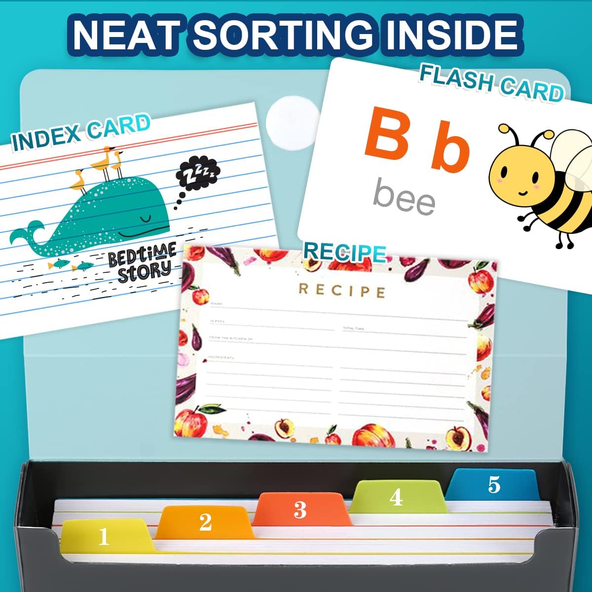 H4D 3x5 Index Card Case with 100 Heavyweight Ruled Index Cards and Dividers, Black