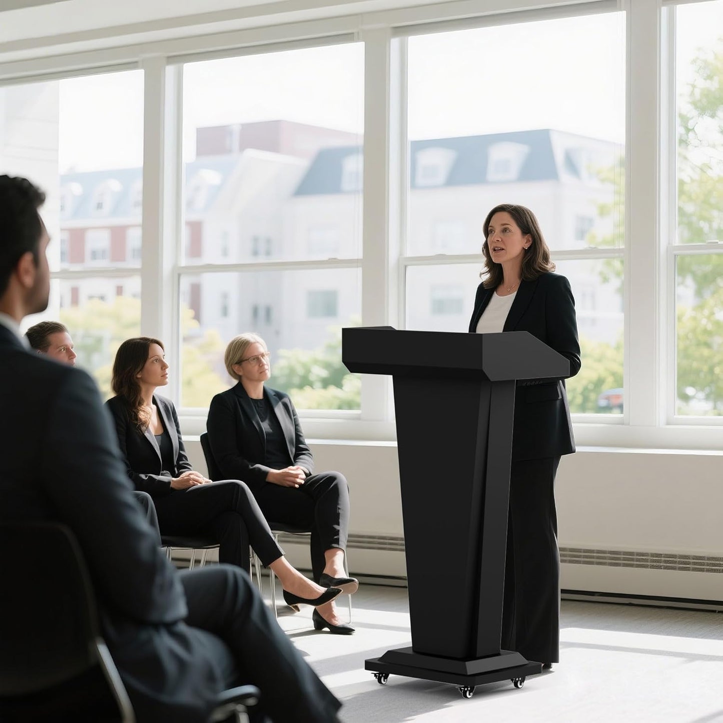 Podium Stand with 4 Locking Wheels, Heavy-Duty Metal Lectern for Church, School, Office, and Conference, Large Lockable Storage Cabinet, 43.7" H, Black