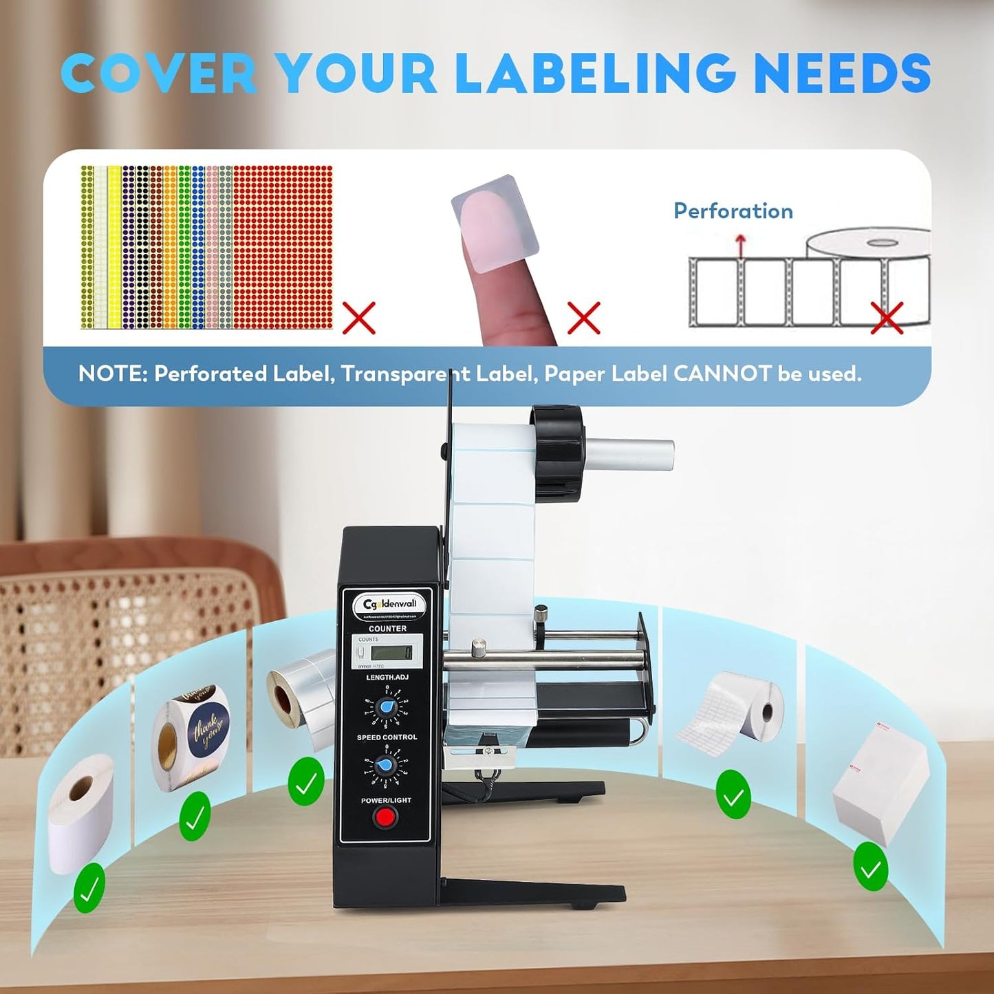 CGOLDENWALL Automatic Label Dispenser Sticker Roll Dispenser for Logistics Office Home, 1-8m/min Speed Adjustable, Length 0.12-5.9" Width 0.16-5.5", Auto Sensing&Counting, Max Roll Dia. 9.8"