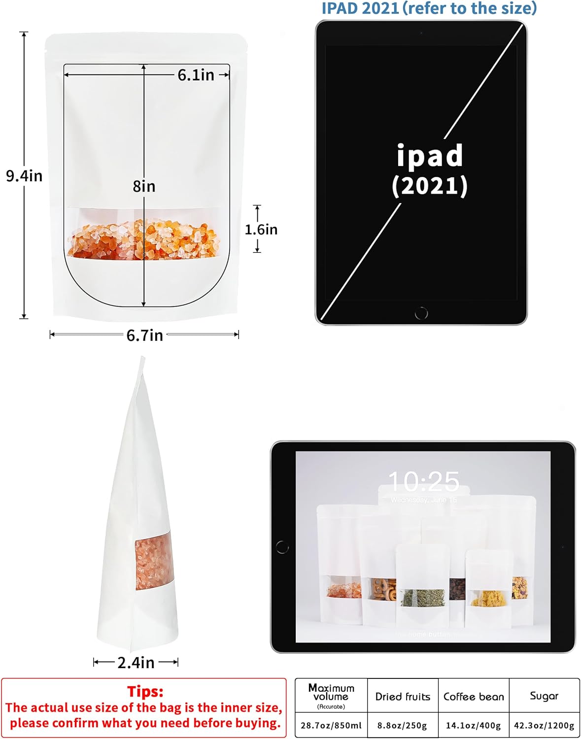 100 Pcs White Paper Bags with Window, 6.7" x 9.4" Stand Up Pouches, Zipper Food Storage Bags for Packaging Products, Reusable, Sealable