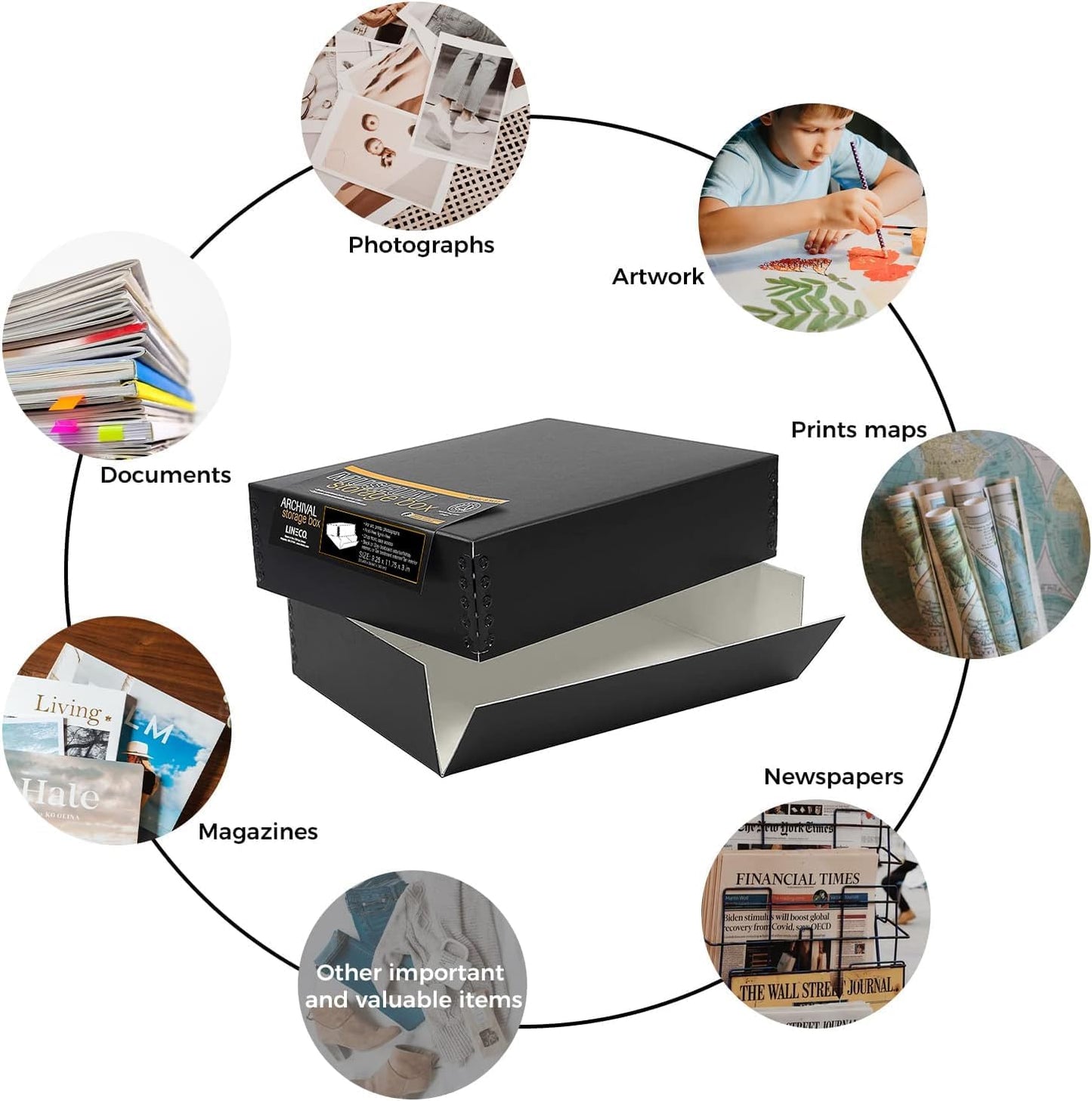 Lineco Museum Archival Storage Box, Drop Front Design with Metal Edges Removable Lid, 8.5 X 11 X 3 inches Acid-Free Photo Album Case, Preserve Prints Pictures, Magazine, Documents, Artworks, Black