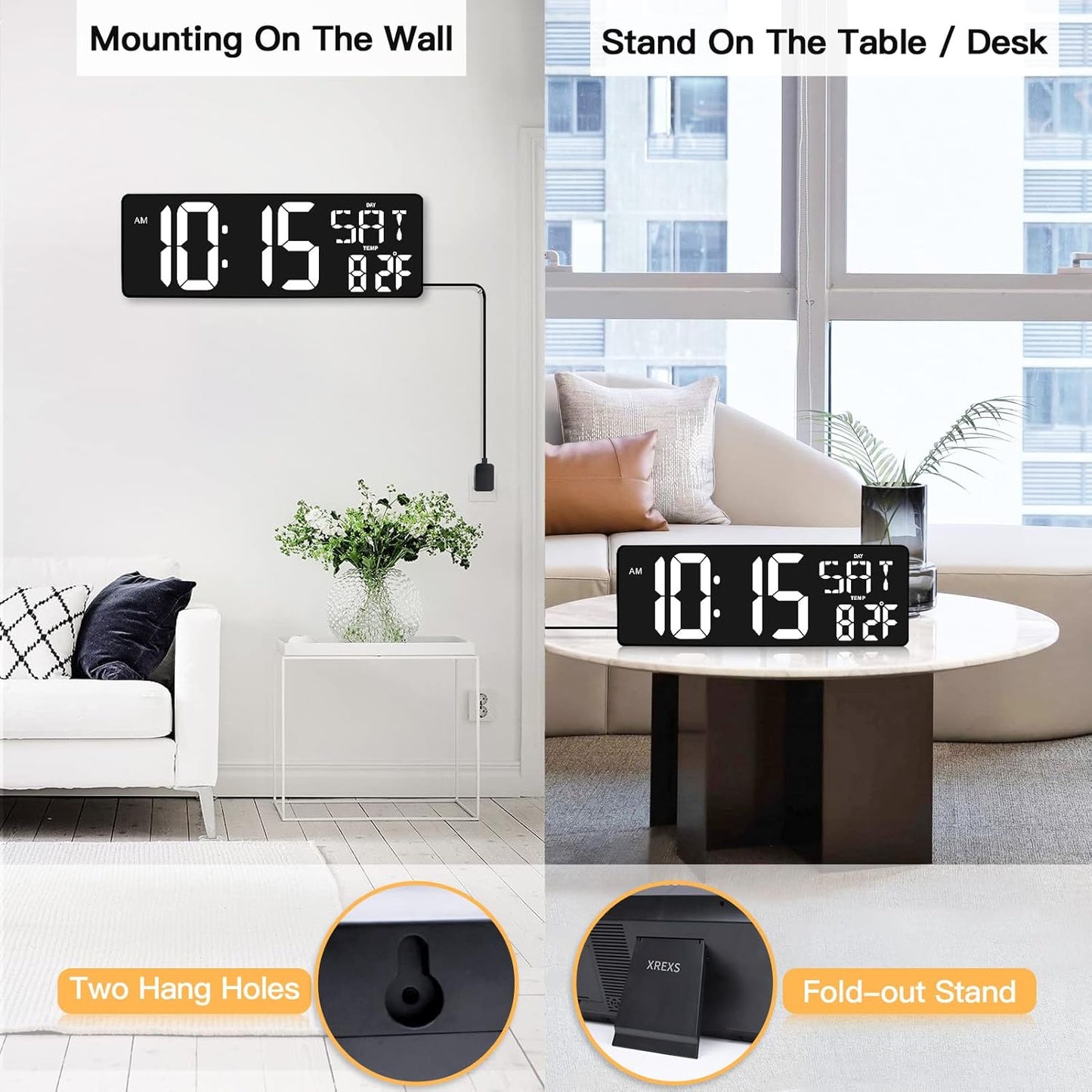 XREXS Large Digital Wall Clock with Remote Control, 17.2 Inch LED Large Display Count Up & Down Timer, Adjustable Brightness Plug-in Alarm Clock with Day/Date/Temperature for Living Room, Office, Gym