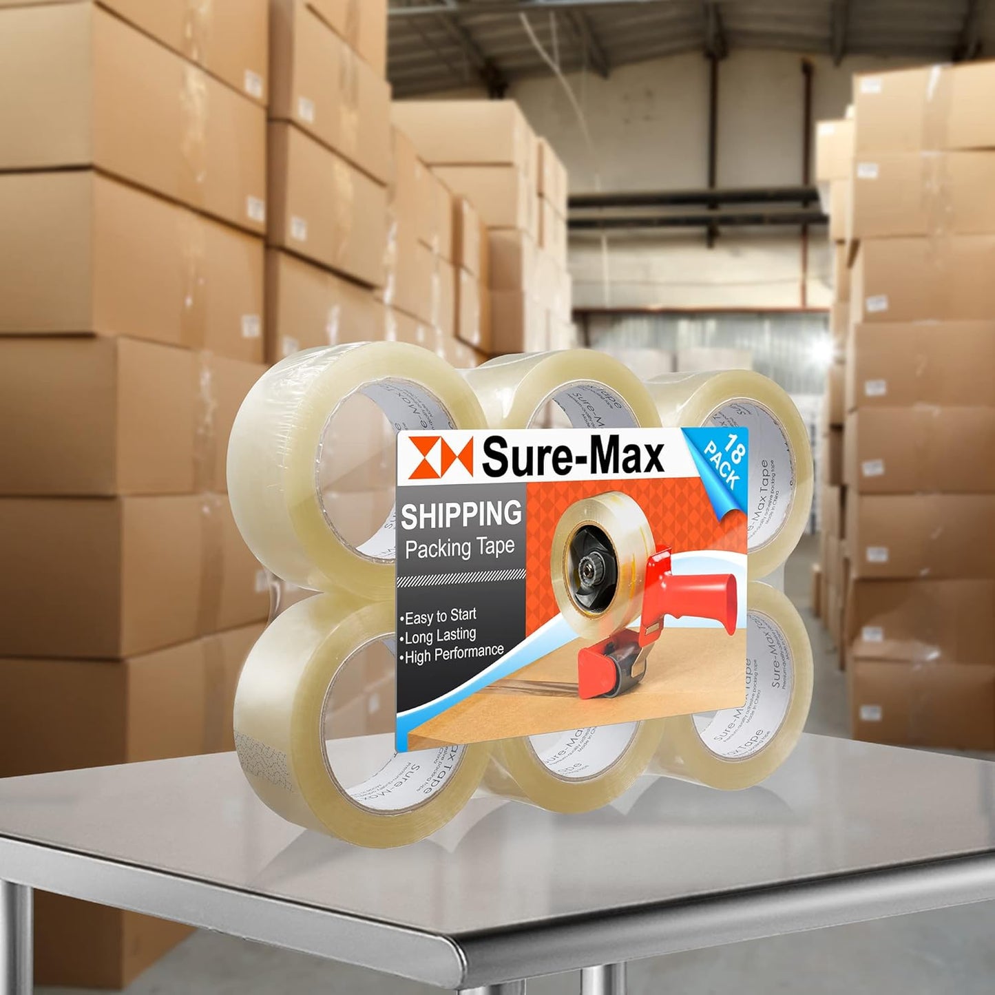 Sure-Max Premium Carton Packing Tape 1.8 mil 330 Feet (110 Yards) - Clear - 18 Rolls