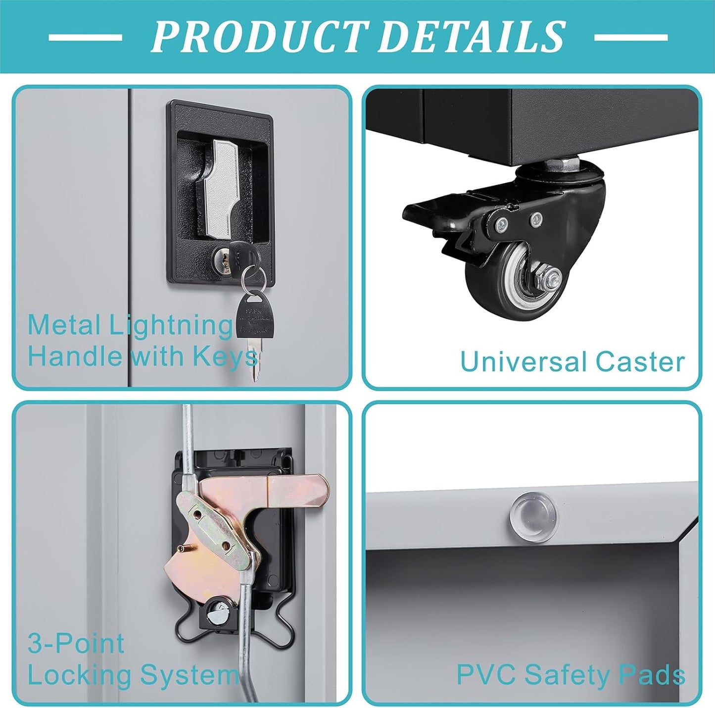 GREATMEET Metal Storage Cabinet with Locking Doors and Wheels,Garage Cabinet with Shelves for Home Office, Gym, School,Black+Grey