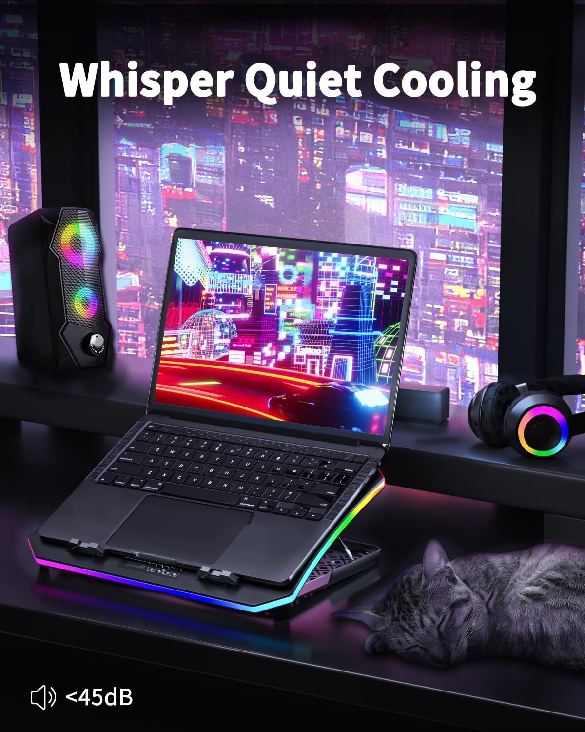 KeiBn Upgraded Gaming Laptop Cooler Pad with 9 Quiet RGB Fans, Cooling Pad for 15.6-17.3 Inch Laptops with 7 Height Stands, 2 USB Ports, Phone Stand-Blue