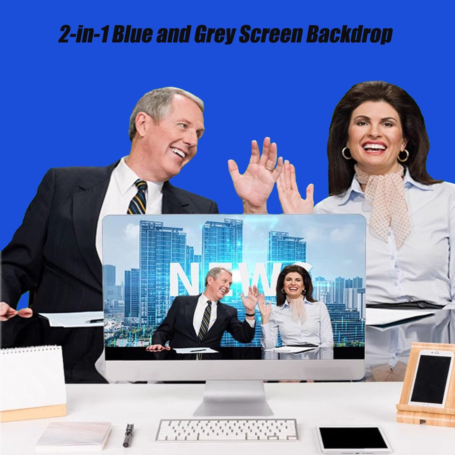 3.3x5ft/1x1.5m Chromakey Backdrop, 2-in-1 Blue Screen and Grey Screen, Collapsible Reversible Pop Up Background for Photography Studio, Live Streaming, Video Shooting (Blue/Gray)