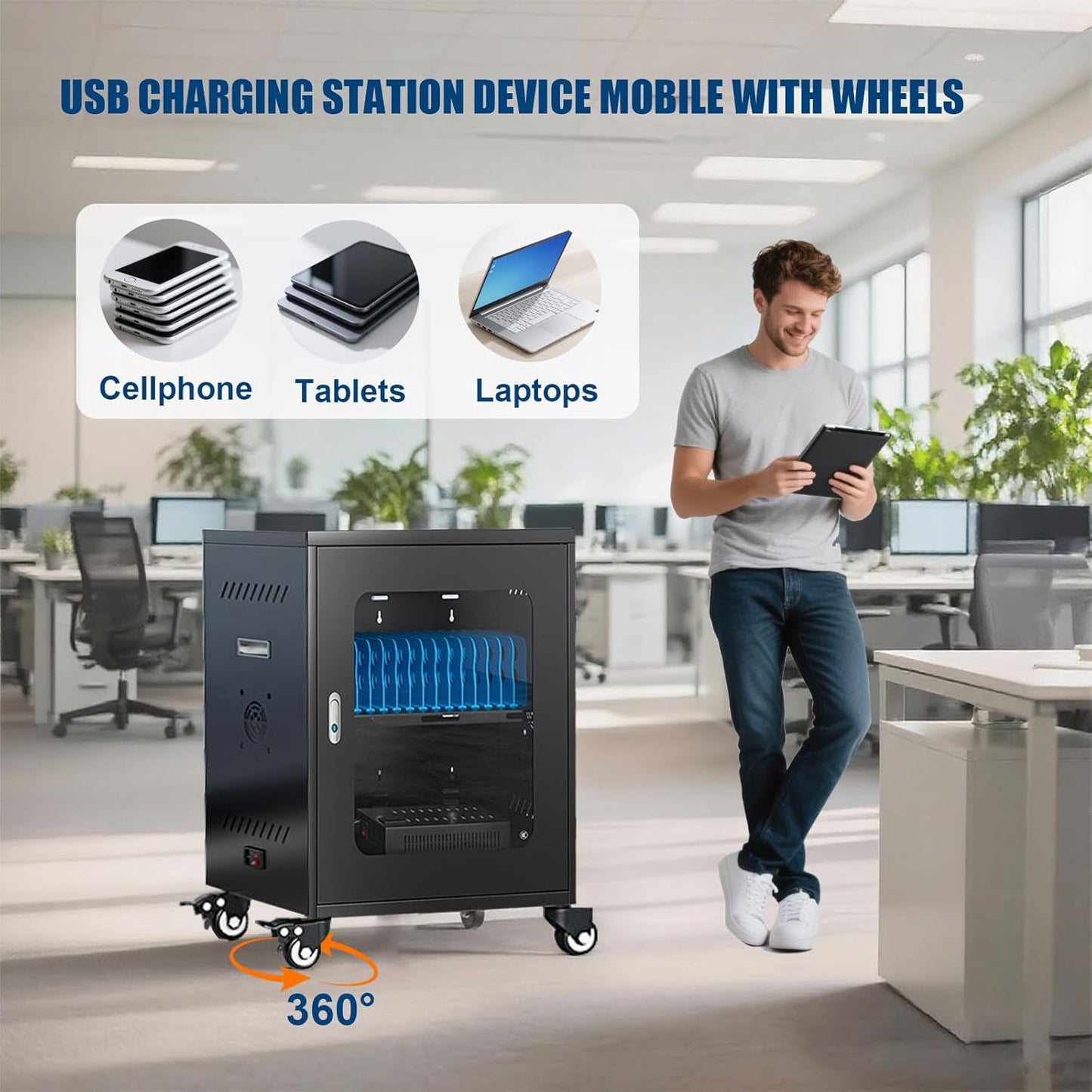 Cell Phone Fully Assembled Charging Storage Cart with Lock, USB Charging Station 20 Device Mobile with Wheels, Glass Cabinet Door Rechargeable Tablet & Laptop Locker Cabinet, for ClassroomOffice