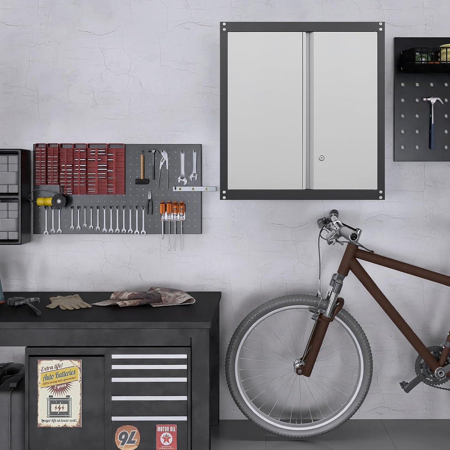 GREATMEET 28" H Lockable Metal Garage Storage Cabinets, Metal Cabinet Storage, Garage Wall Cabinet with Doors and Shelves, Hanging Floating, Grey&Black