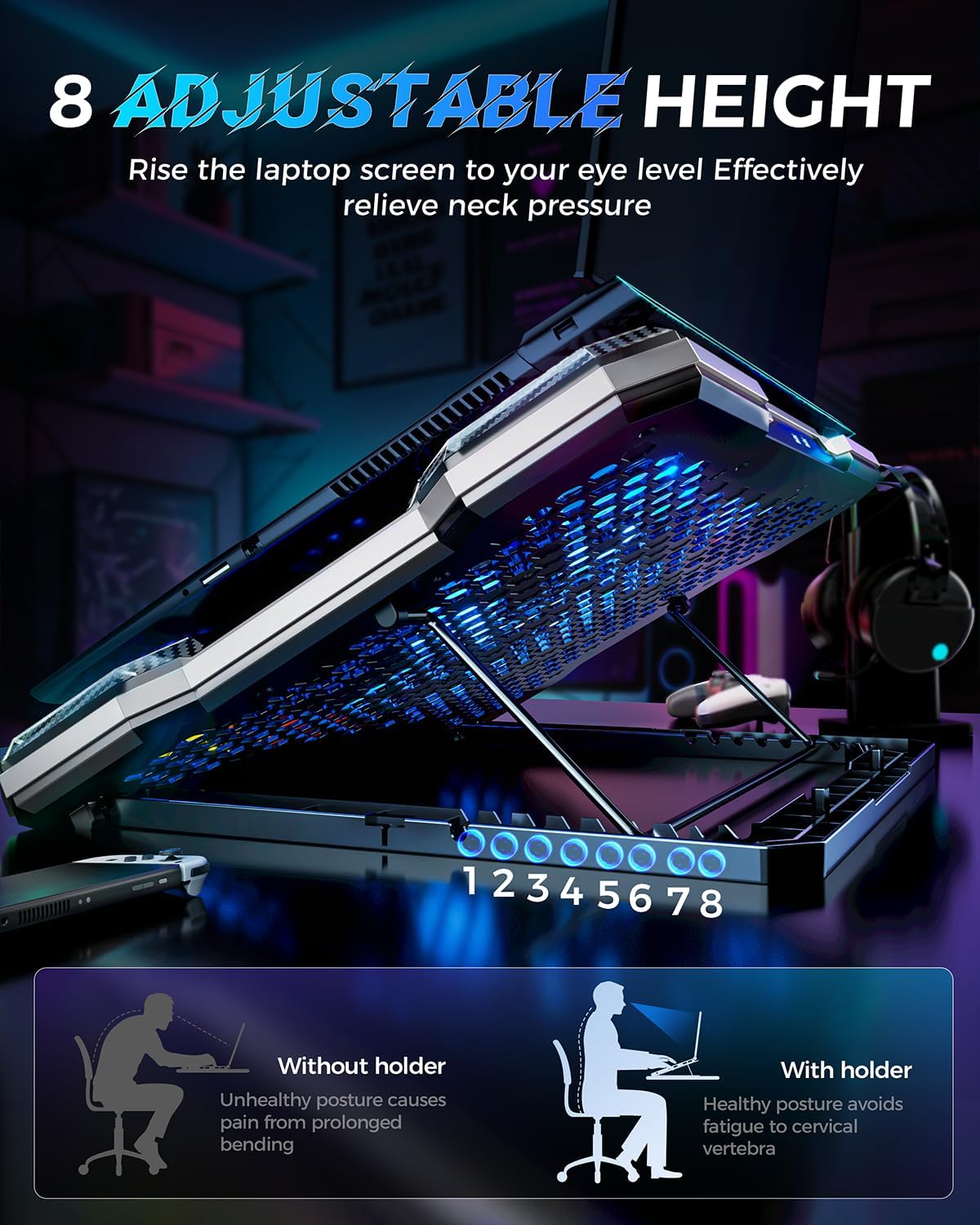 ChillCore Laptop Cooling Pad, RGB Laptop Fan Cooling Pad 9 Fans for 15.6-19.3 Inch Laptops, Gaming Laptop Cooler with 8 Height Stands, 2 USB Ports - A21 Pattern