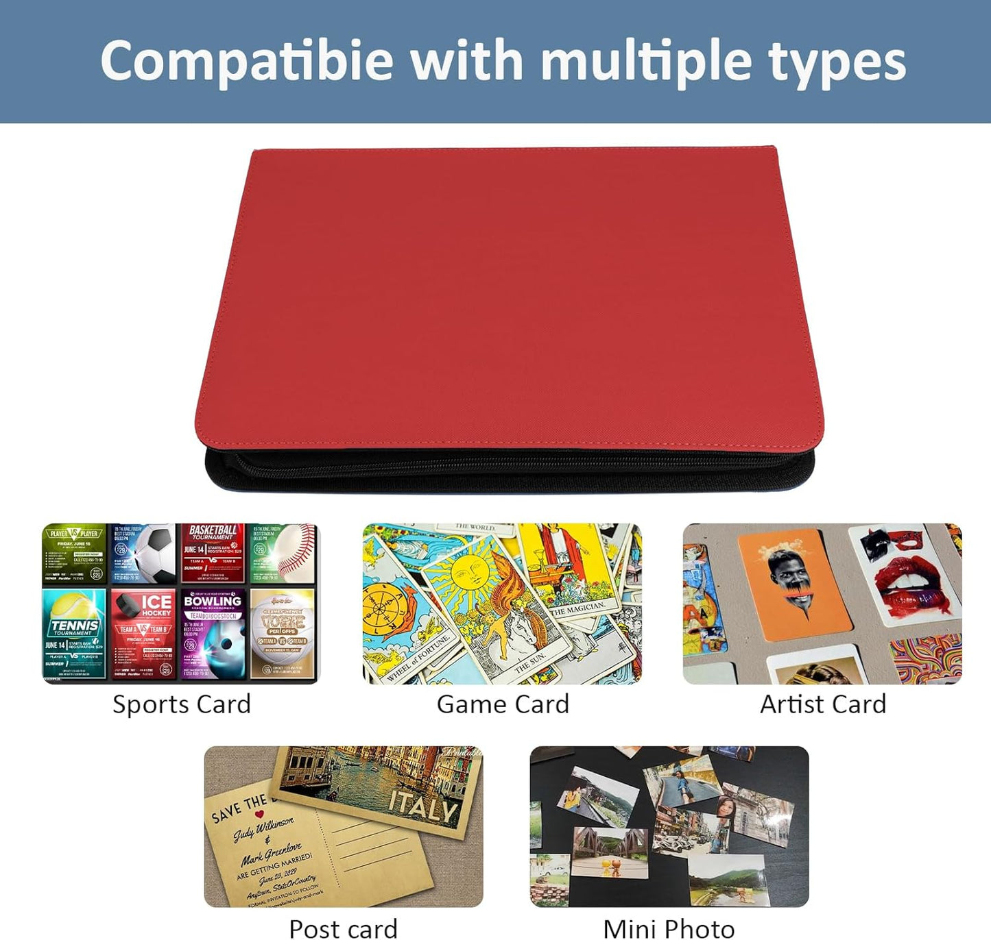 Trading Card Binder 9 Pocket with Zipper, Fvxldcz PU Cover Card Collection Binder 540 Cards Sleek Side-Loading Card Album, Sturdy Card Collection Folder for TCG, MTG, Yugioh, Sport Cards (Red)