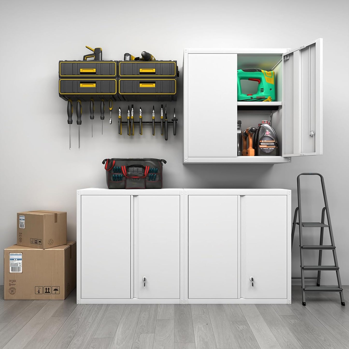 GREATMEET Locking Metal Wall Cabinet, Metal Wall Cabinets for Garage, Wall Mount Cabinet with Lock, Upper Cabinets Wall Mounted, Hanging Utility Cabinet with Adjustable Shelf