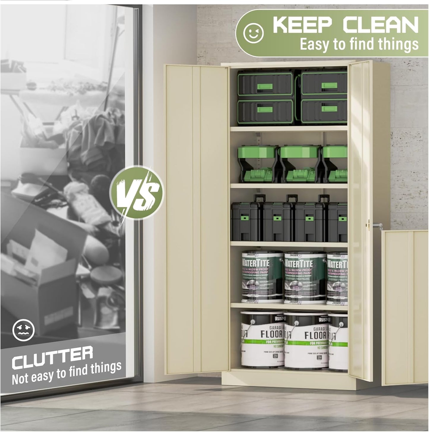 SUNCROWN 72" Metal Storage Cabinet - Heavy-Duty Metal Garage Cabinet with 4 Adjustable Shelves & 2 Doors for Tools, Office, Home, Workshop,Warm Grey