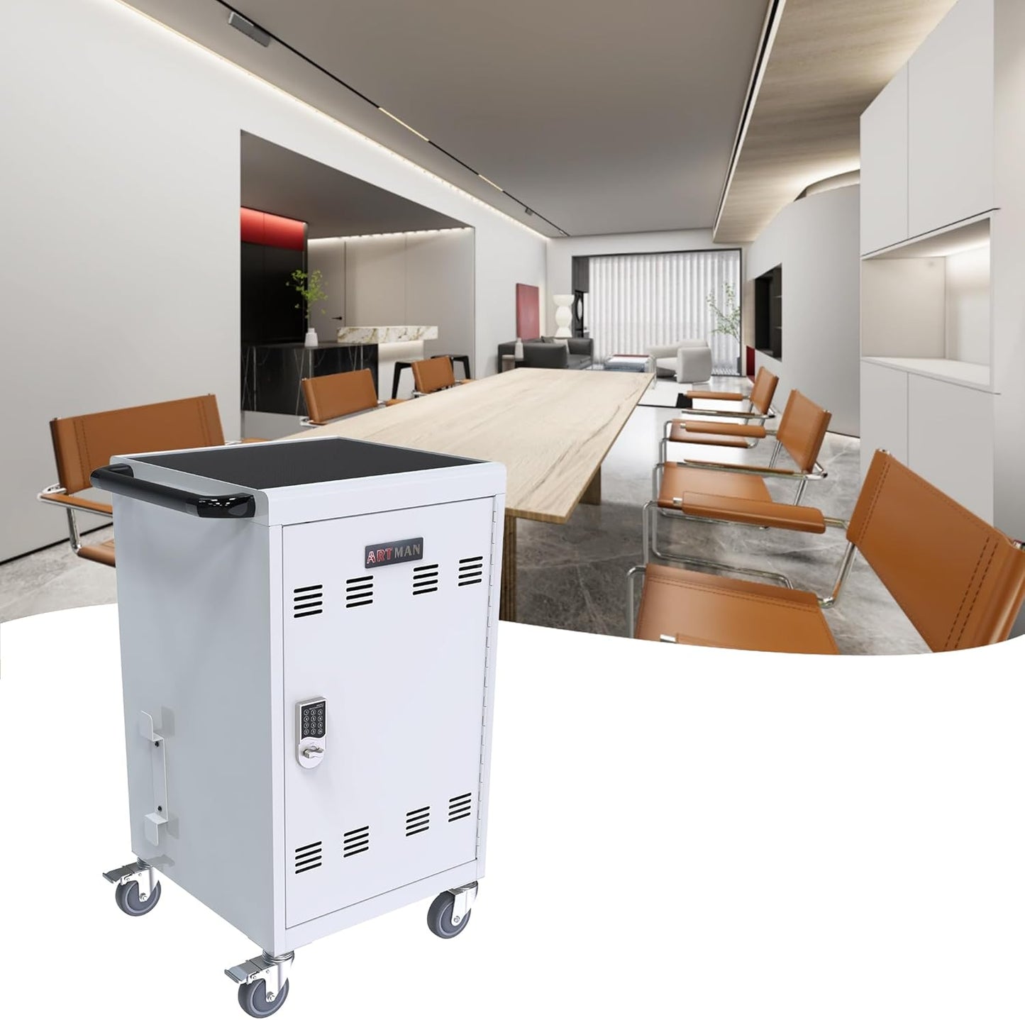 30-Device Mobile Charging Cart with Charging Power Strip and Front and Rear Access Locks, Cable Management, Up to 17"", Safe Charging Cabinet for Ipads, Chromebooks, Tablets, Laptops White