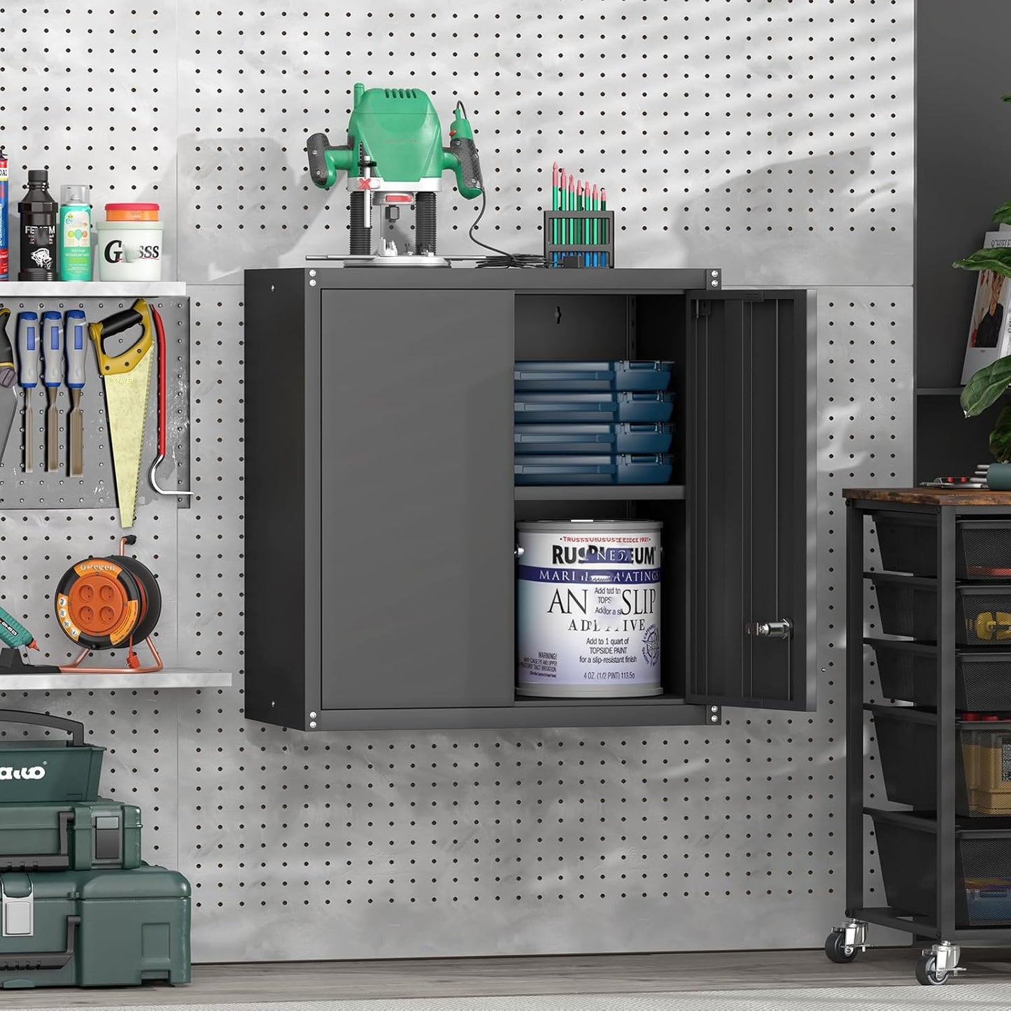 GREATMEET Metal Garage Storage Cabinet with Lock, Metal Wall Cabinets for Garage, Wall Mount Cabinet, Upper Cabinets Wall Mounted, Utility Cabinet with Adjustable Shelf, Black