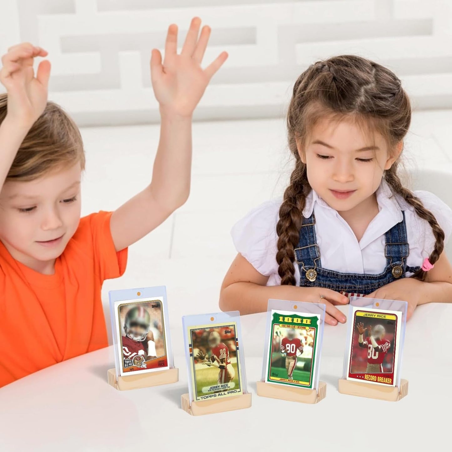 4Pack Magnetic Card Holders for Baseball Cards - Sports Card Protector with 4 Wooden Stands, 35pt Plastic Hard Card Sleeves Holder, Trading Card Display Stand for Graded Card, MTG, Sports and Game Cards