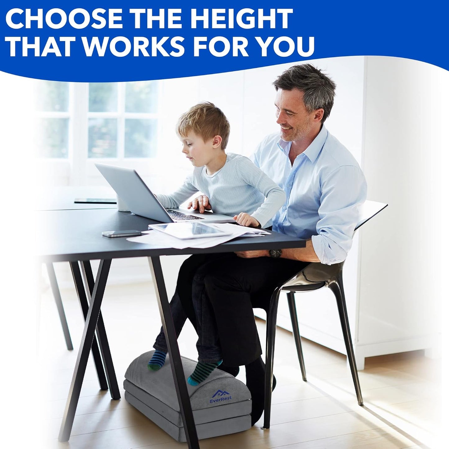 EverRest Under Desk Footrest for Office Use - Warmer Feet, 3 Adjustable Heights - Tall Ergonomic Foot Rest Stool for Gaming Chair, Computer - Leg Support for Work from Home