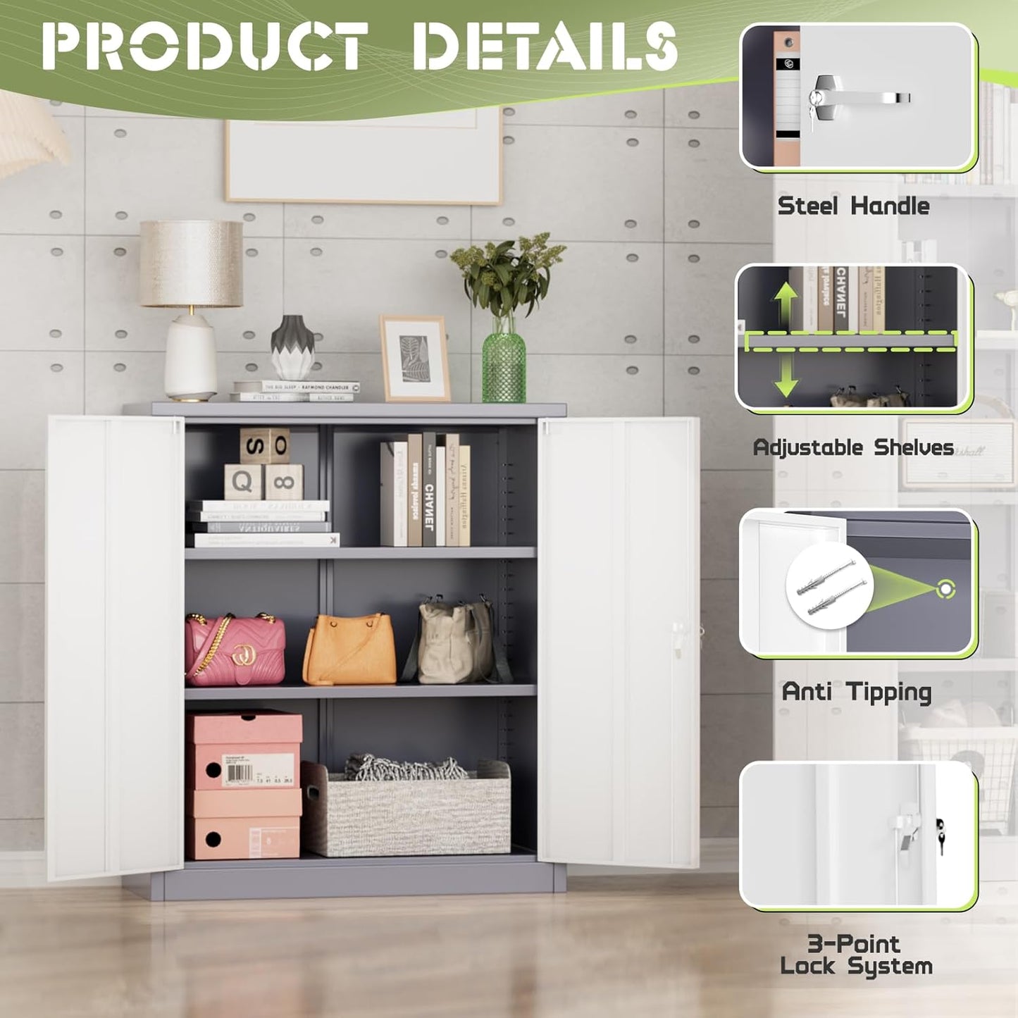 SUNCROWN Metal Storage Cabinets, 36”Locking Cabinet with Doors and Adjustable Shelves, Steel Utility Tool Garage Cabinets for Home, Office, Kitchen,Warehouse (Grey & White)