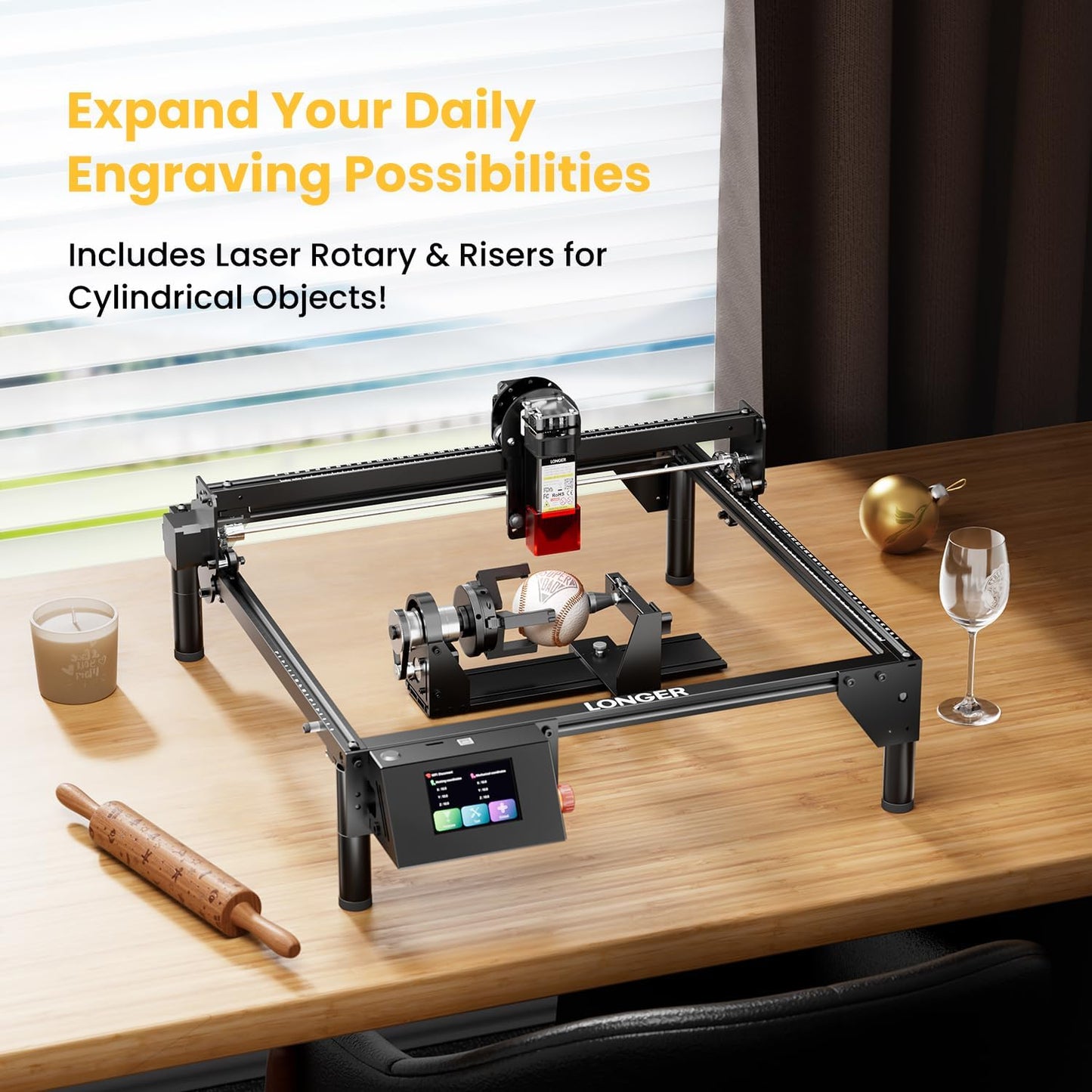 Longer RAY5 5W Laser Engraver with Touchscreen, Wood/Leather/Acrylic Engraving Cutting Machine, DIY Desktop Laser Cutter with Safety Protection, Air Assist & 3 in 1 Roller