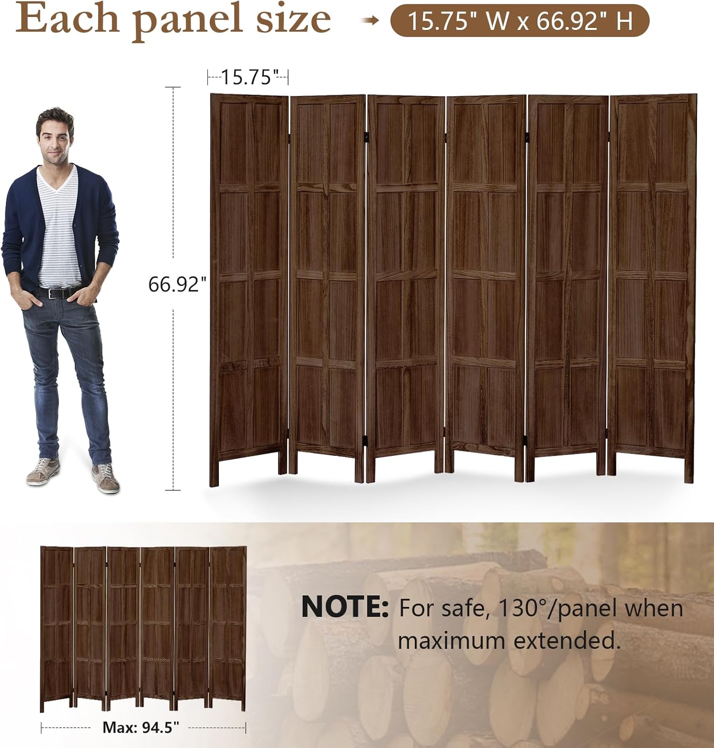 6 Panel Room Divider, 5.6Ft Wood Room Dividers and Folding Privacy Screens, Room Divider Wall Freestanding Room Partitions, Room Dividers Screen for Home Office Restaurant Bedroom, Dark Brown