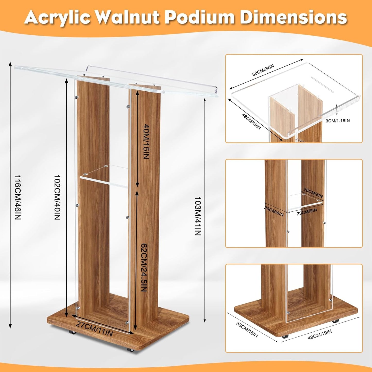 Acrylic Podium Stand, Ultra Clear 43'' Pulpits for Churches with 15 Color Adjustable, Modern Lectern with Storage Sheld for Church,Conference,Speech, 23.62”x 15.75”X 43.3” (Style 2)