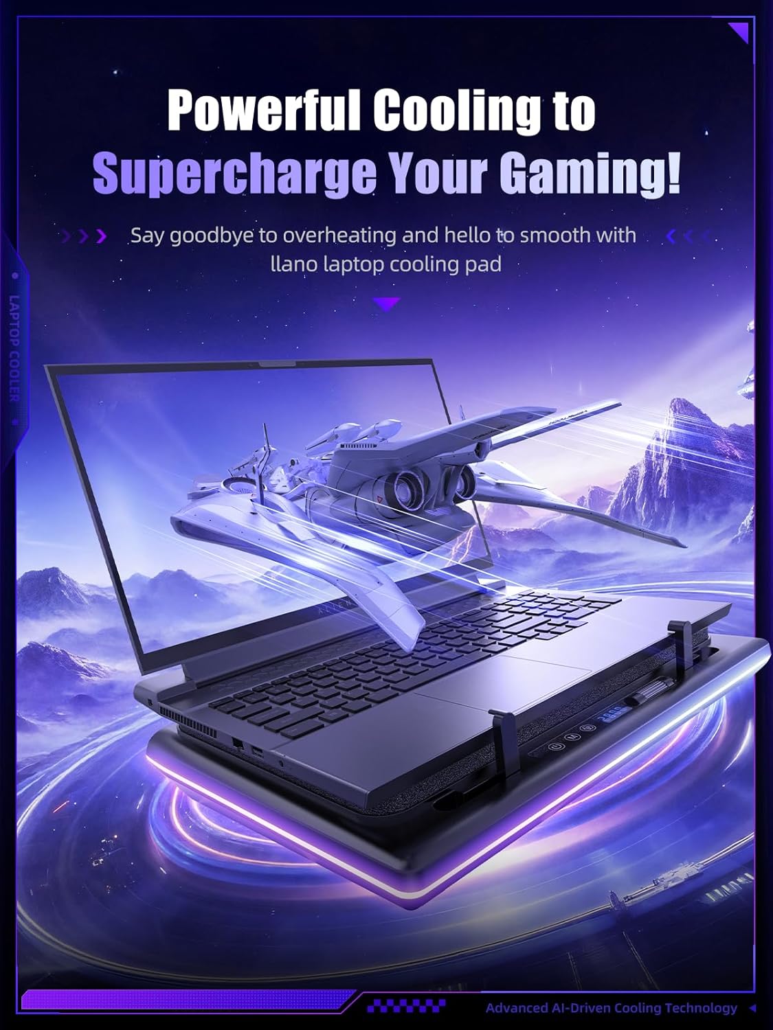 llano V12 Ultra Laptop Cooling Pad with Smart Software Control, RGB Gaming Laptop Fan Cooler Stand, 5.5" Turbo Fan, Adjustable Speed, 3*USB 3.0 Ports, 3 Height Stands, for 15.6"-19" Laptops, Black