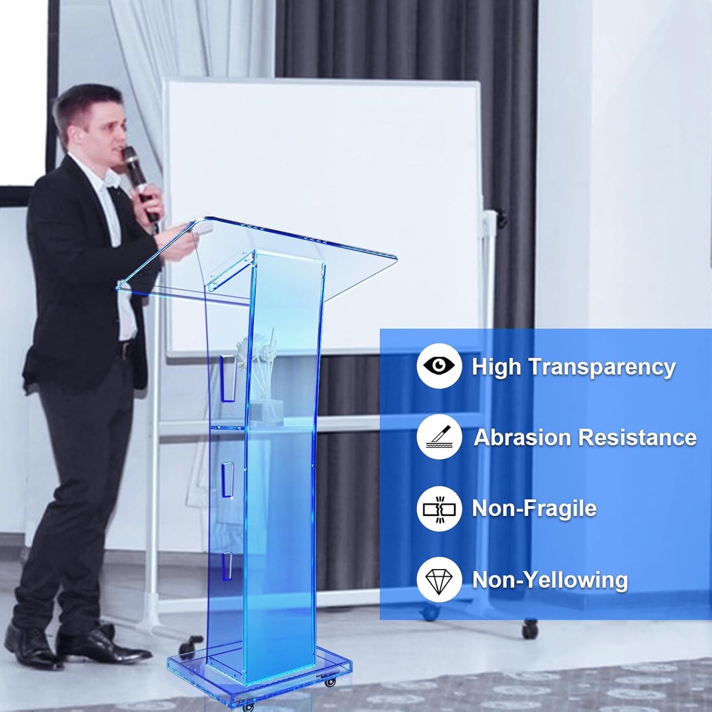 Acrylic Podium Stand, Ultra Clear 43'' Pulpits for Churches with 15 Color Adjustable, Modern Lectern with Storage Sheld for Church,Conference,Speech,Classroom, 23.62”x 15.75”X 43.3” (with Wheels)