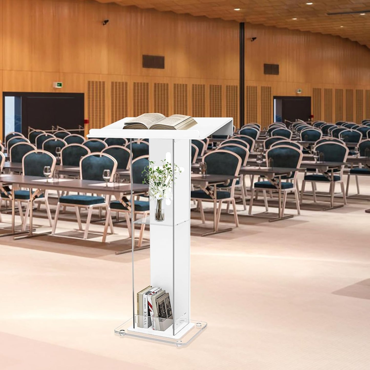 45.3 Acrylic Podium Lectern, Pulpit for Churches Stand with Double Shelves, Modern Plexiglass Pulpits Lectern with Cross Design for Classroom, Conference, Presentation,Wedding