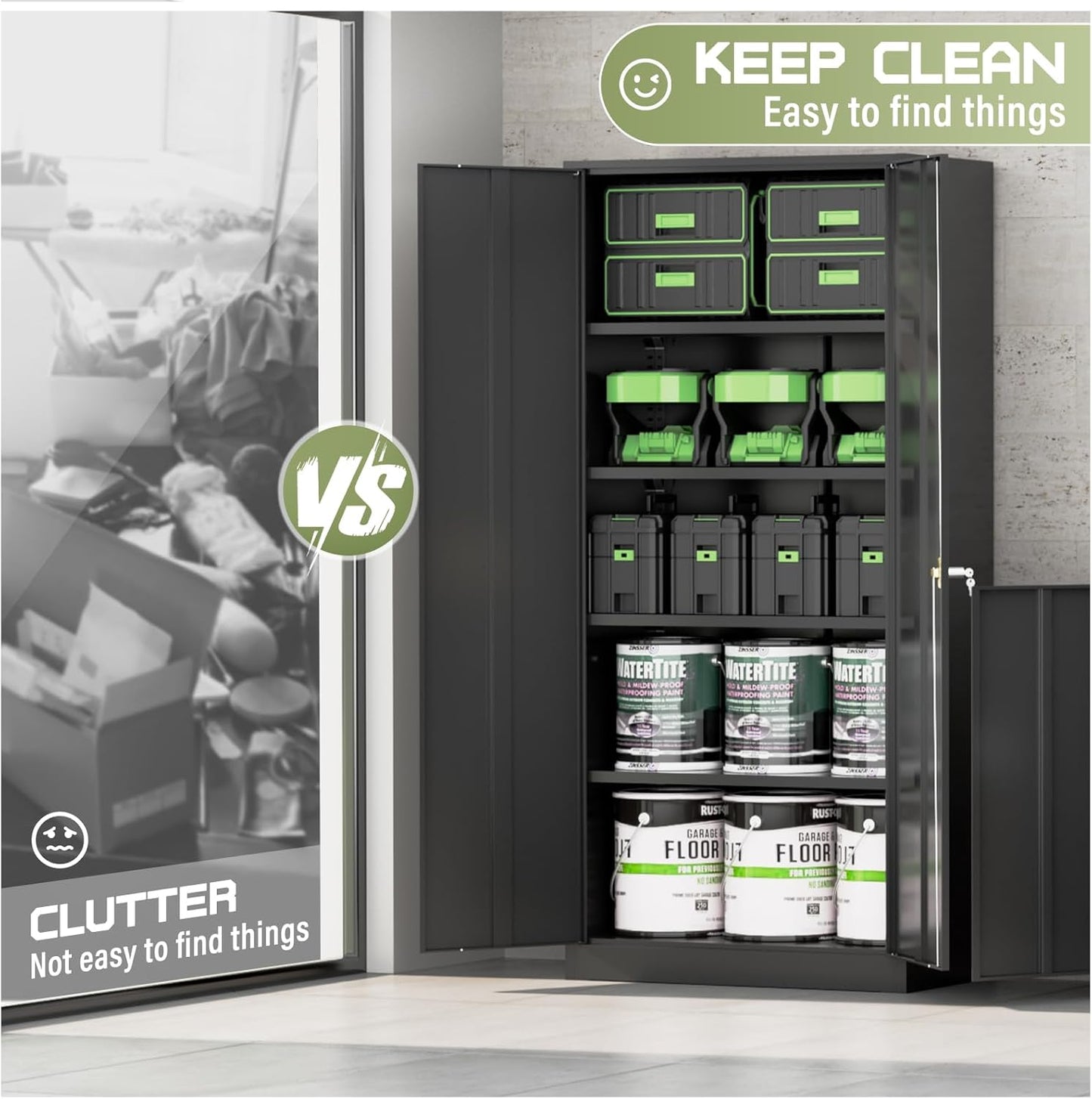 SUNCROWN 72" Metal Storage Cabinet - Heavy-Duty Metal Garage Cabinet with 4 Adjustable Shelves & 2 Doors for Tools, Office, Home, Workshop,Black