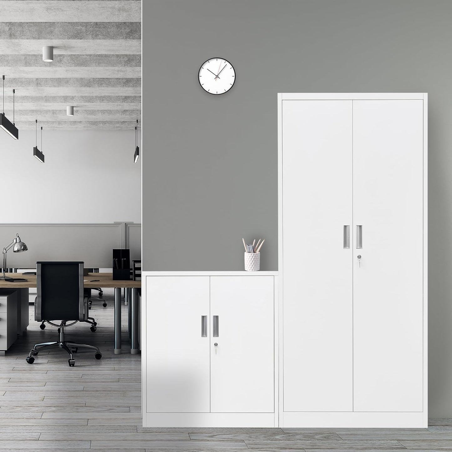 BESFUR Metal Storage Cabinet, 36"- White Locking Cabinet with Two Adjustable Shelves, Garage Storage Cabinet for Office, Garage, Home