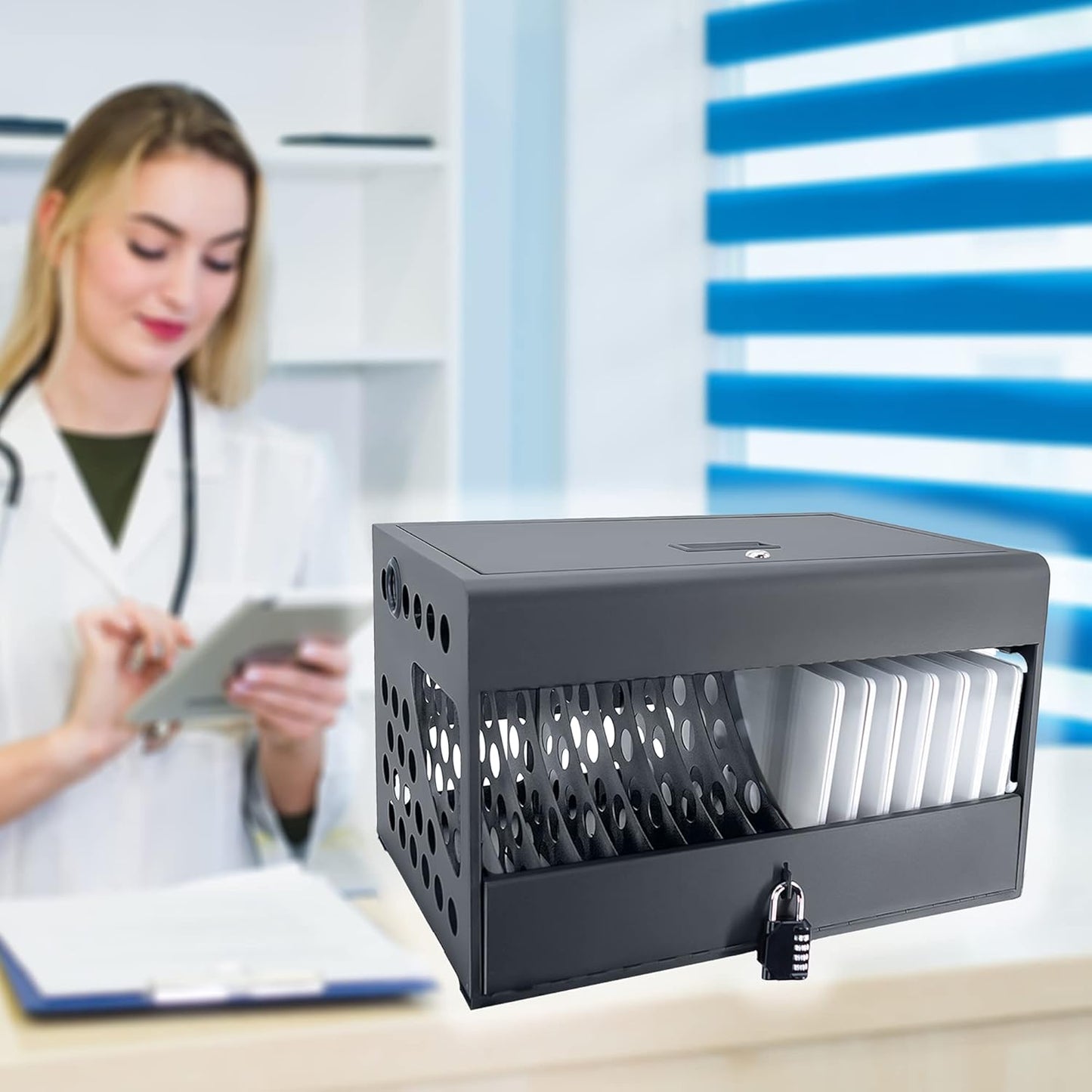 16-Device Charging Station for Chromebooks - Locking Charging Cabinet with Cable Management, Charger Storage, and Lock Included - Fits 14'' Screensize and 1.2'' Thick Tablets (Black)