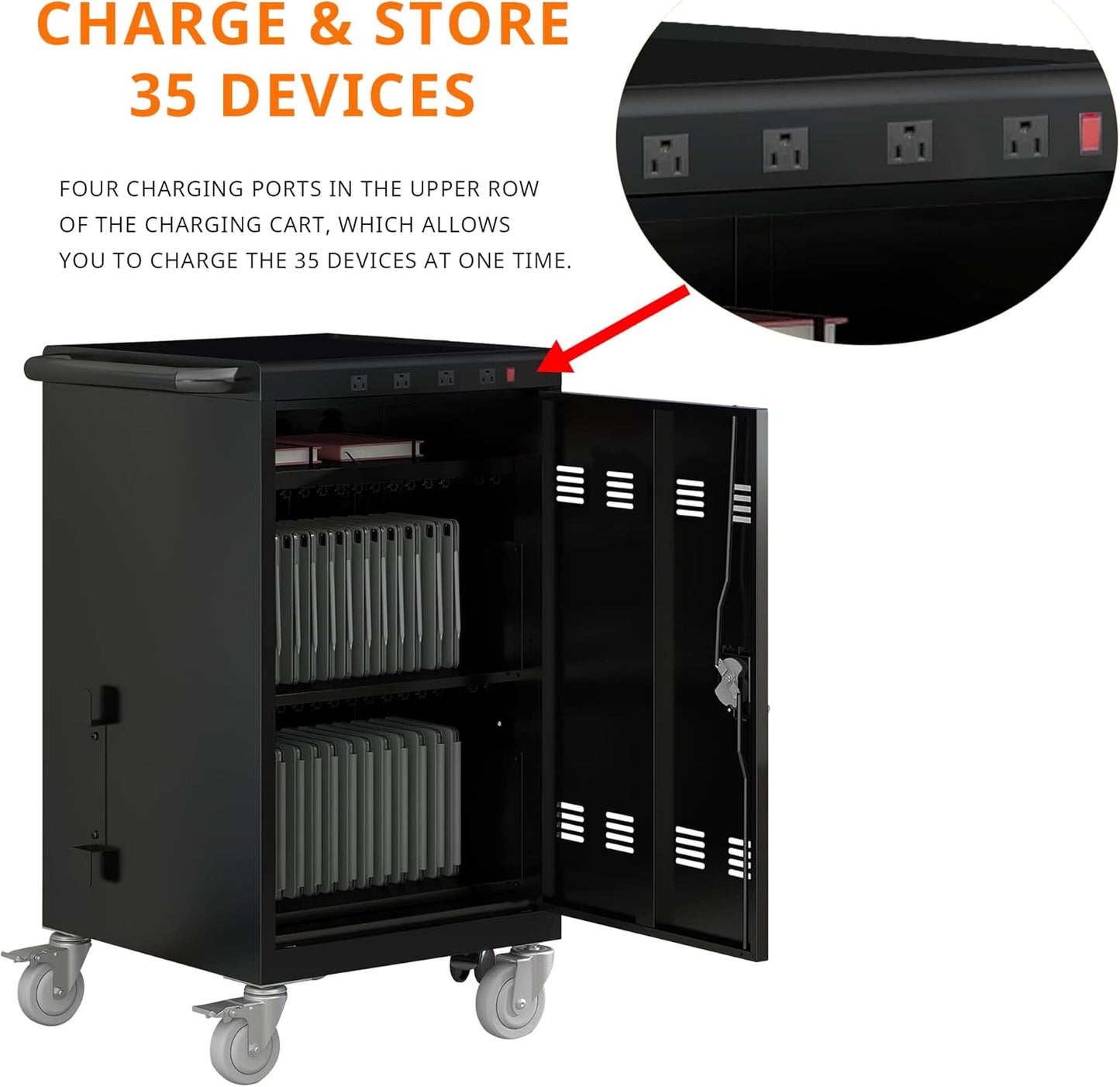 35 Device Mobile Charging Cart, Chromebooks and Laptop Computers, Locking Charging Station with Lock & Key for The Front Back Door, Surge Protection