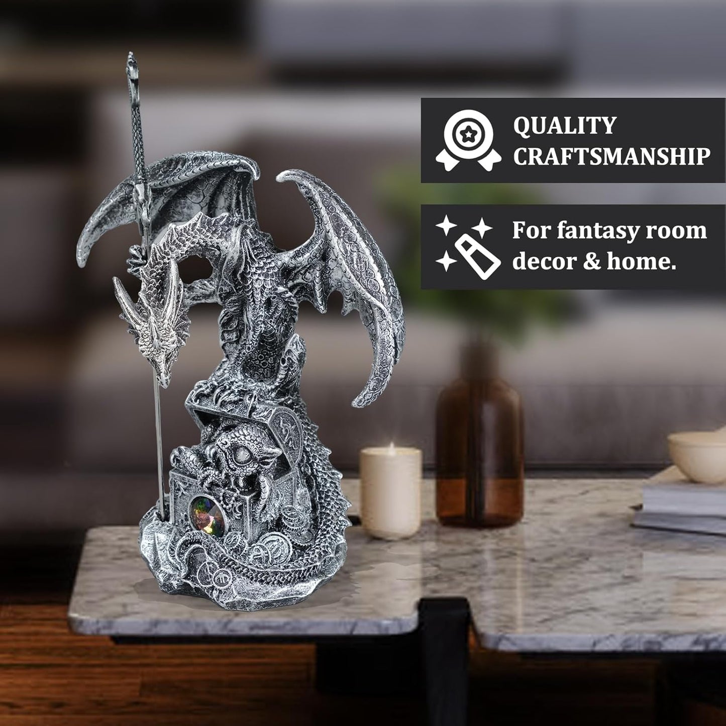 Fantasy Dragon Statue with Draconian Sword Letter Opener Figurine Collectible Dragon Sculpture Resin Home Decor Gifts 7.68''H (Silver)