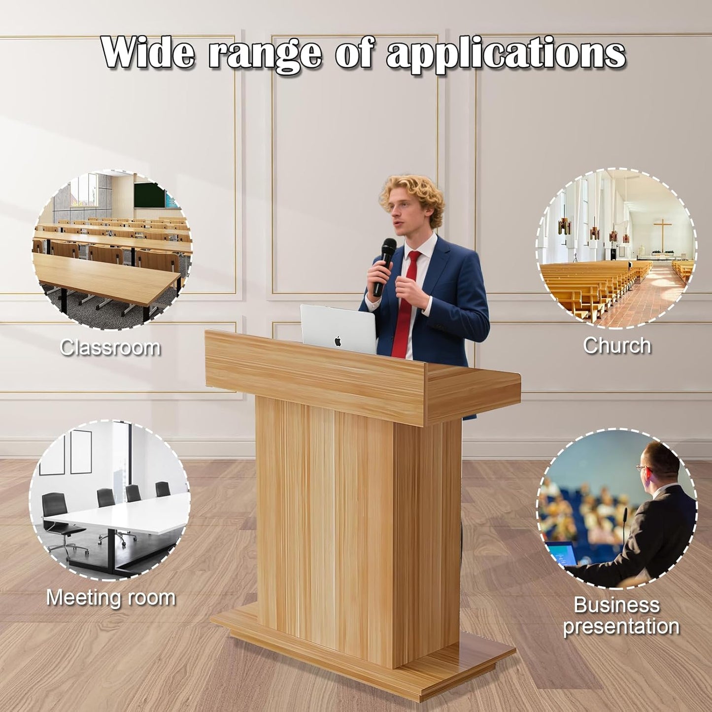 Solid Wooden Podium Stand Podiums for Classroom Lectern Podium Stand Wood Church Pulpit with 3 Levels of Storage and Heightened Baffles (Wood Color, 31.5in)