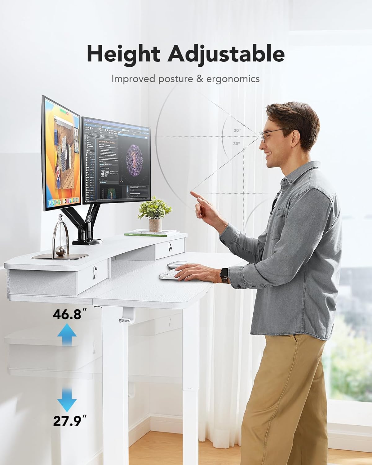 HUANUO 60″ x 30″ Electric Standing Desk with 2 Drawers, C-Clamp Mount Compatible, Height Adjustable Computer Desk, Home Office Stand Up Desk with 4 Preset Heights & 2 Hooks, White