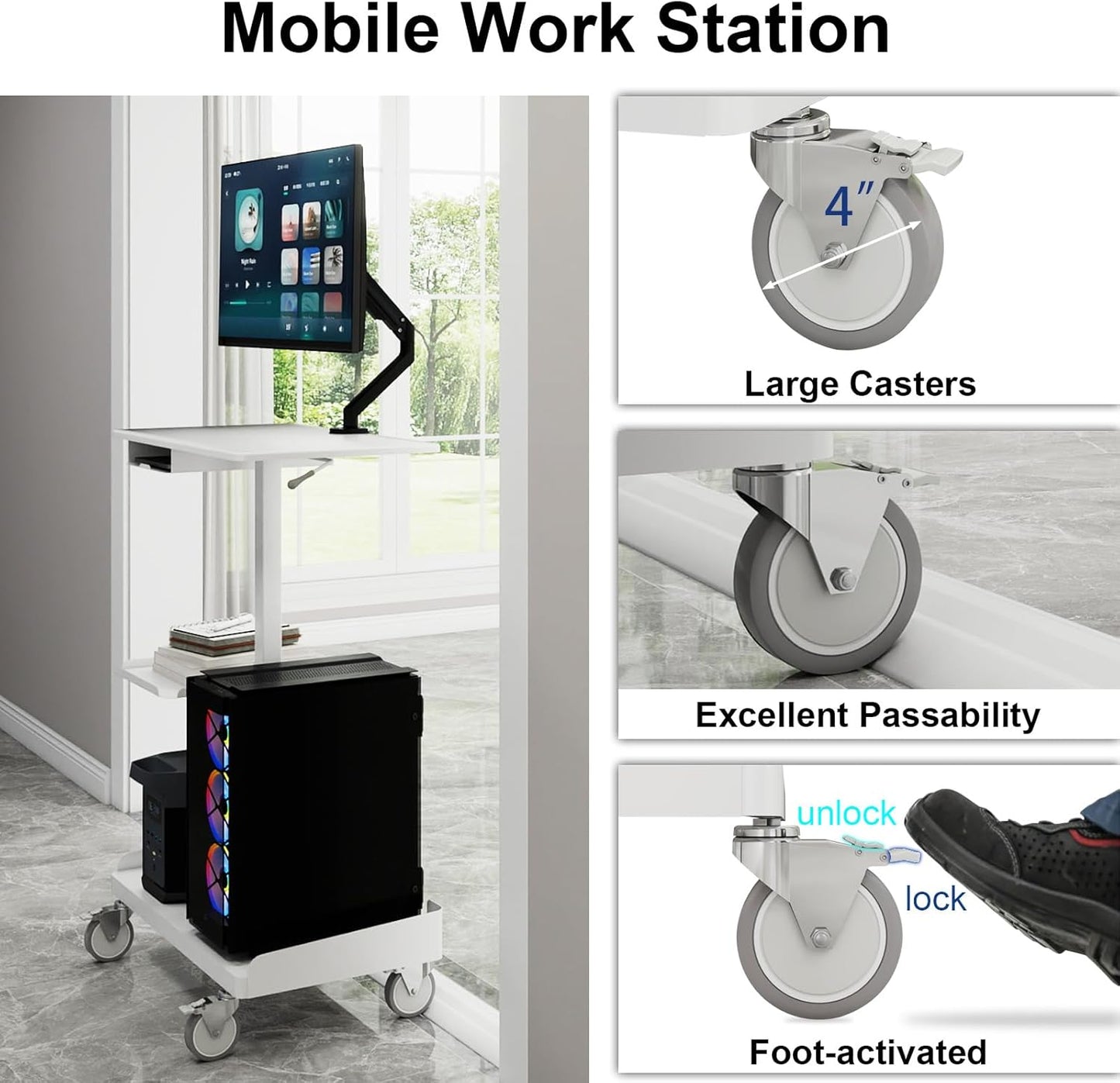 Natwind Mobile Workstation Cart with Monitor Mount,Height Adjustable Rolling Computer Cart, Heavy-Duty Rolling Standing Desk with CPU Holder for Home Office, School,Warehouse, Medical, Workshop