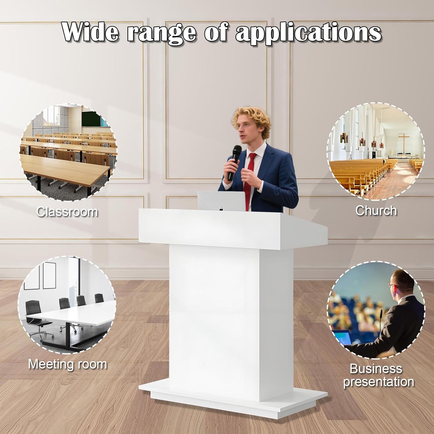 Solid Wooden Podium Stand Podiums for Classroom Lectern Podium Stand Wood Church Pulpit with 3 Levels of Storage and Heightened Baffles (White, 39.4in)